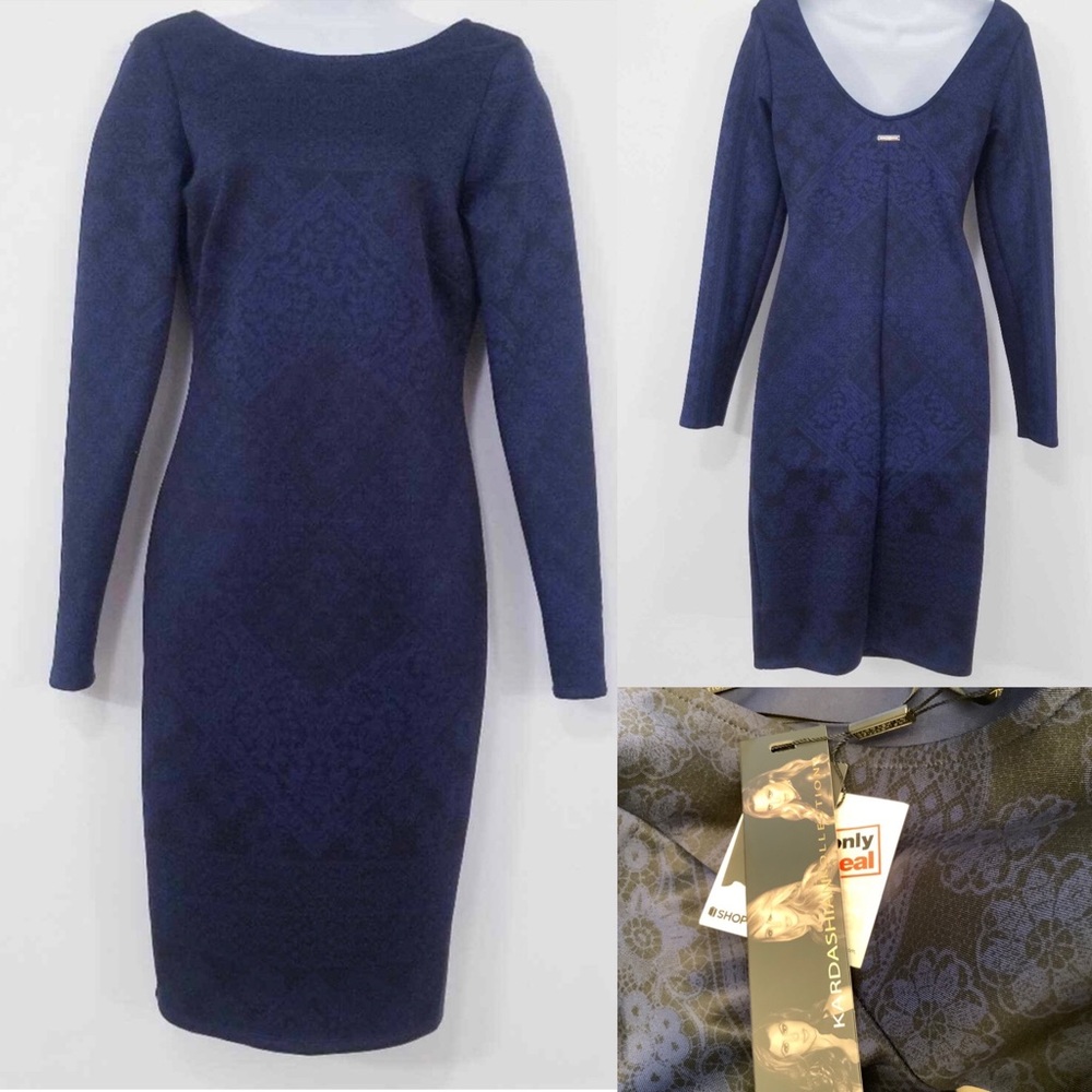 KARDASHIAN KOLLECTION MIDI BODY CON DRESS. BLUE AND BLACK SIZE MEDIUM